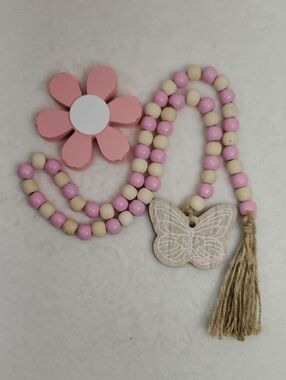 Pink Natural Beaded Butterfly Garland Wood Flower Decor Tier Tray Summer Spring